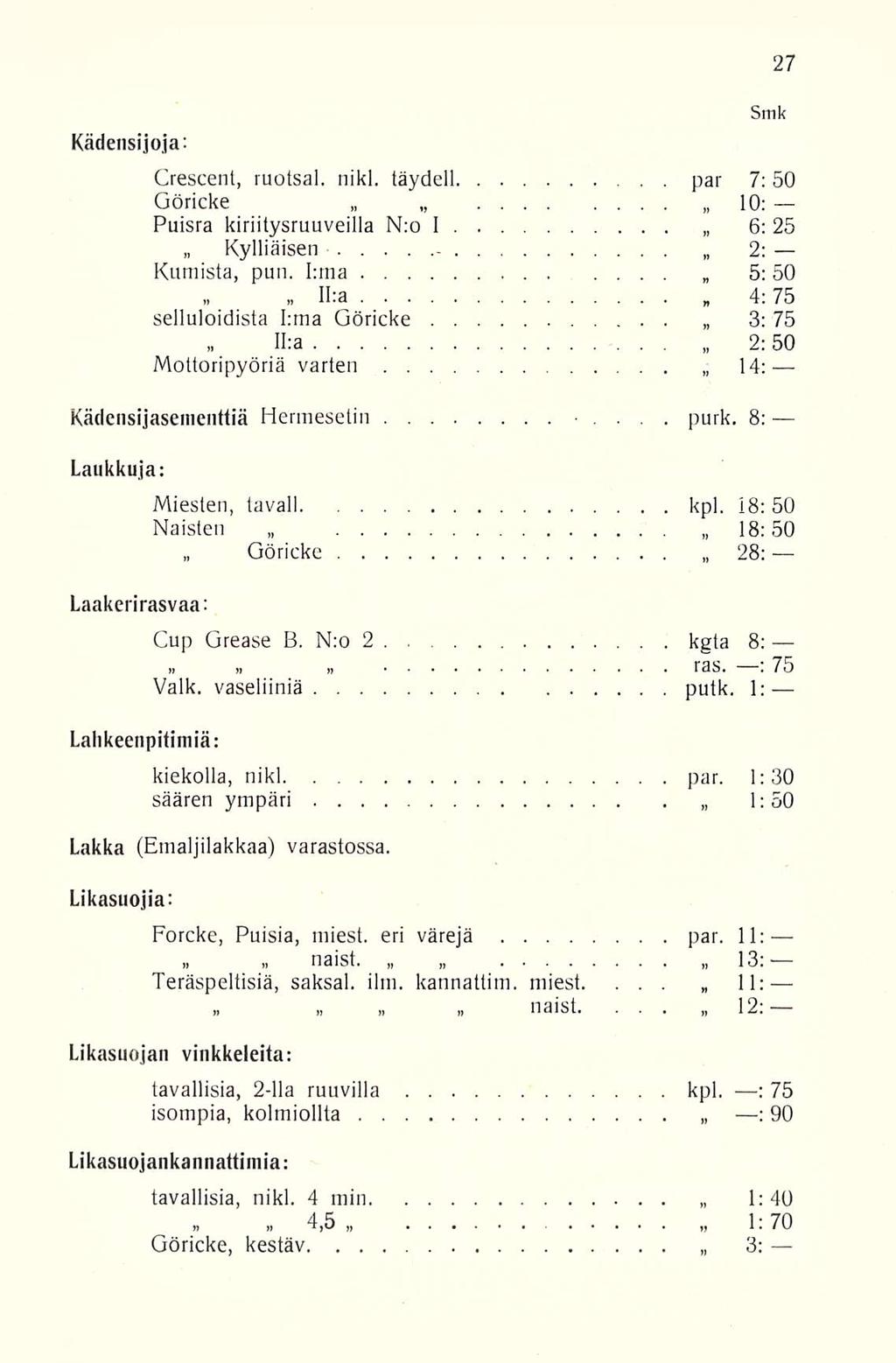 Göricke Kädensijoja: Smk Crescent, ruotsal. nikl. täydell par 7; 50 Göricke, 10: Puisra kiriitysruuveilla N:o I 6: 25 - Kylliäisen 2: Kumista, puu.