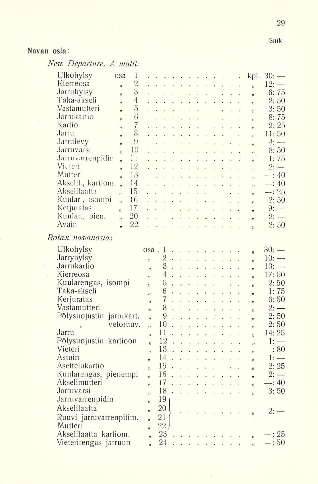 6 9..... 2: Smk Navan osia: New Deparlure, A malli-, Ulkohylsy osa 1 kpl. 30: Kierreosa 2 12: Jarruhylsy 3 6; 75 Taka-akseli 4 2:50 Vastamulteri 5... 3:50 Jarrukartio. 8: 75 Kartio 7.