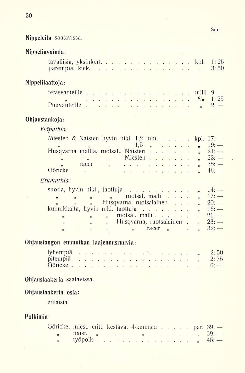 2:. Nippeleita saatavissa, Smk Nippeliavaimia: Nippelilaattoja: Ohjaustankoja: tavallisia, yksinkert kpl.