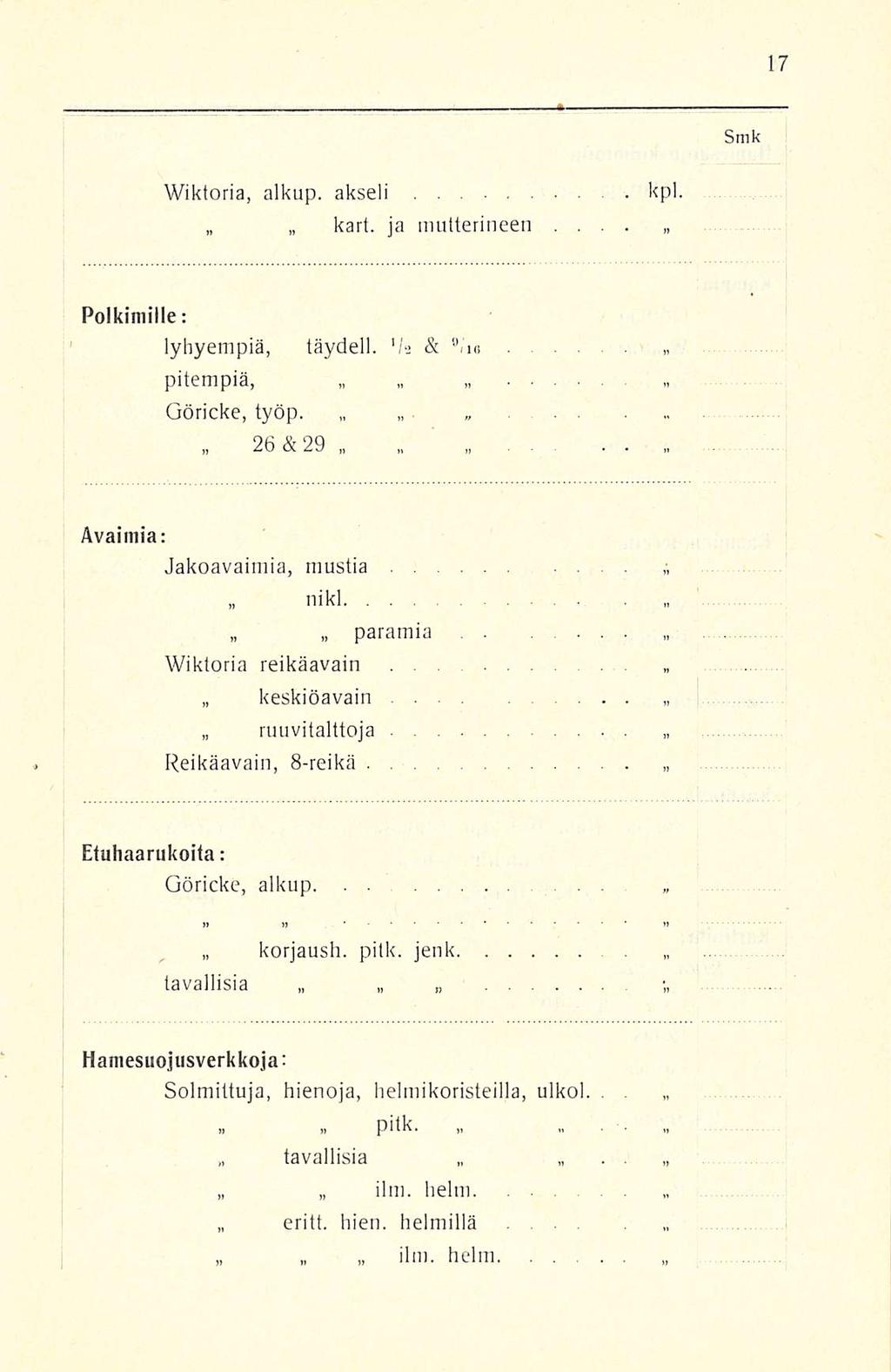 ilm. Wiktoria, alkup. akseli kart. ja mutterilleen... kpl ' Poikimille: lyhyempiä, täydell. 'k &. i«pitempiä, Göricke, työp. 26 &29 Avaimia: Jakoavaimia, mustia nikl paramia Wiktoria reikäavain.