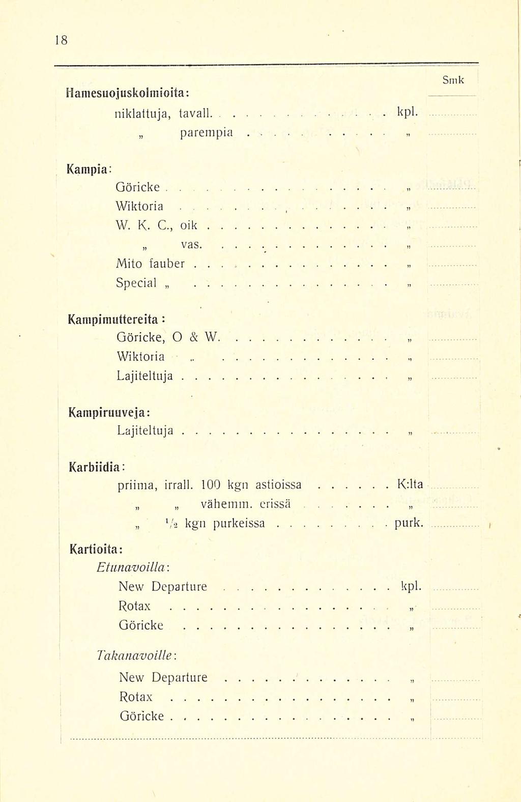 Hamesuojuskolmioita: niklattuja, tavall.... kpl. parempia Kampia: Göricke Wiktoria..., >, W. K. C, oik, vas Mito fauber Special Kampimuttereita: Göricke, O & W Wiktoria Lajiteltuja Kampiruuveja: Lajiteltuja Karbiidia: priima, irrall.