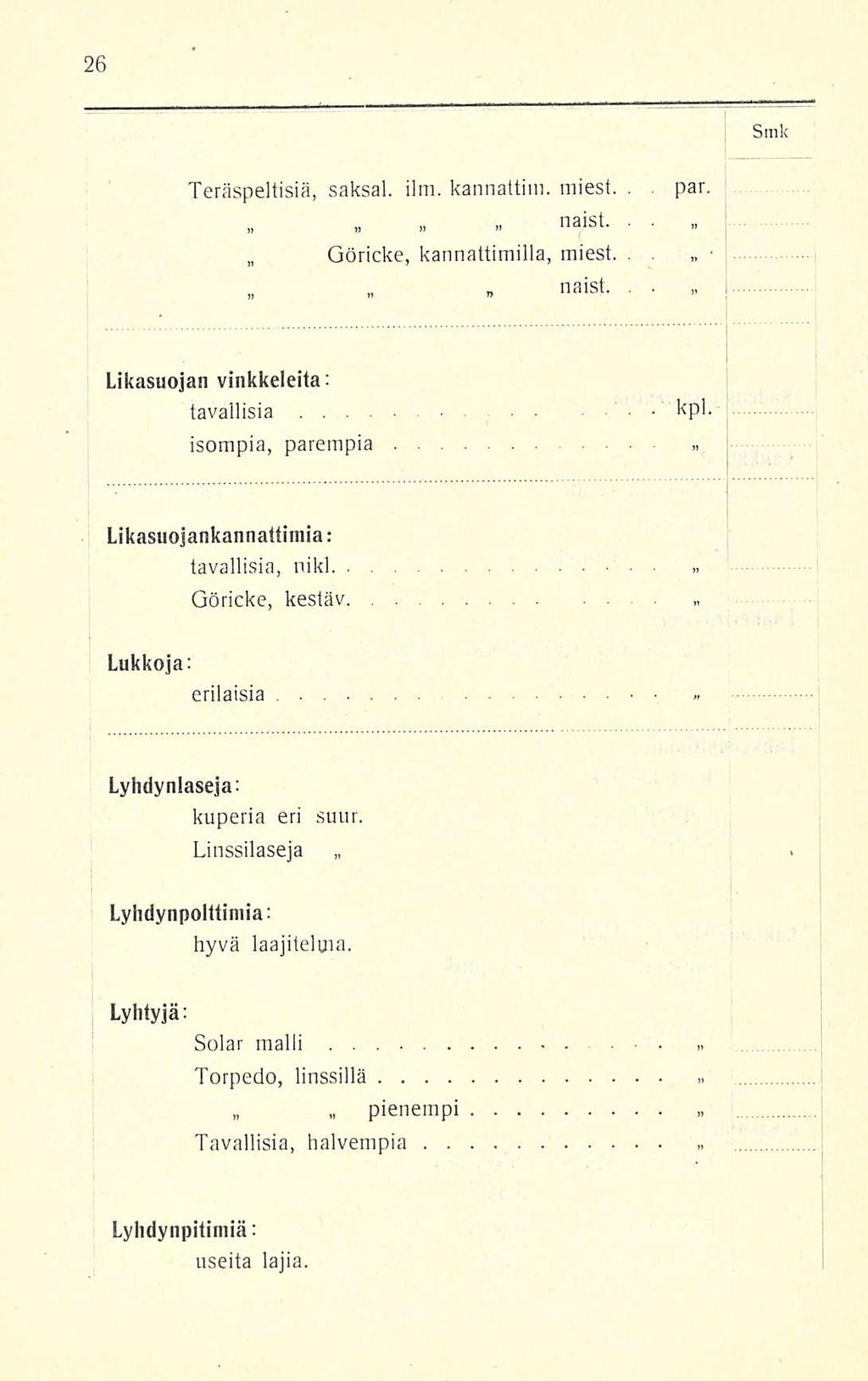 Teräspeltisiä, saksal. ilm. kannattim. miest., par. Göricke, naist... kannattimilla, miest... naist... Likasuojan vinkkeleita: tavallisia kpl.