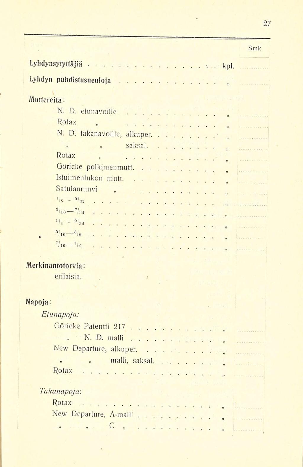 »/ n Lyhdynsytyttäjiä Lyhdyn puhdistusneuloja Muttereita: N. D. etunavoille... Rotax.. N. D. takanavoitle, alkuper kpl. tt.. saksa!