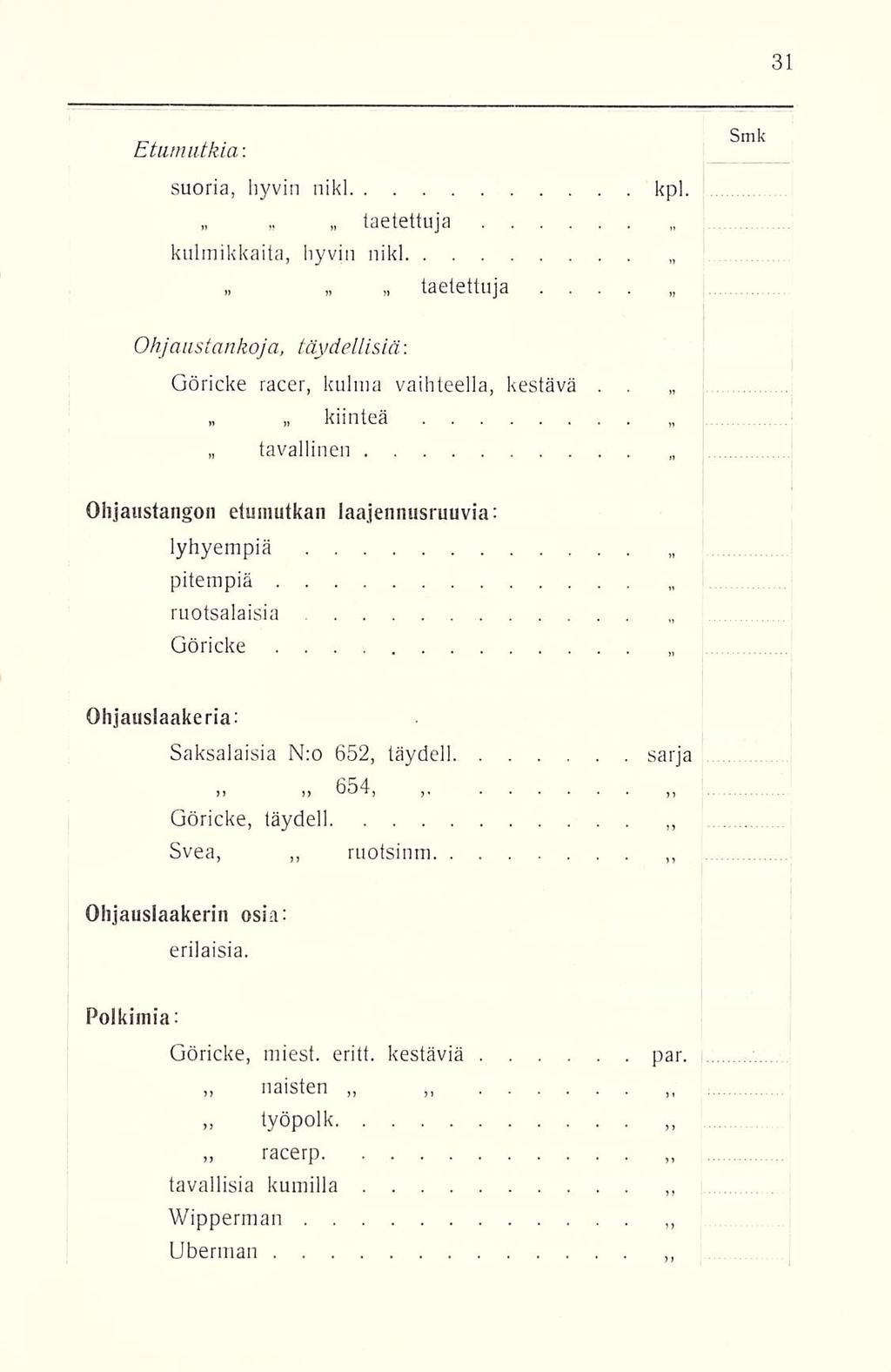 Etumutkia : suoria, hyvin nikl kpl. taetettuja kulmikkaita, hyvin nikl taotettuja Ohjaustankoja, täydellisiä: Ohjaustangon Göricke racer, kulma vaihteella, kestävä.