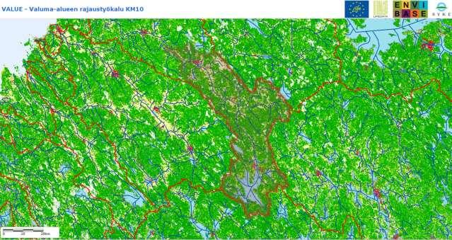 Corine-aineiston mukainen maankäyttö Pyhäjoen Haapaveden valuma-alueella (lähde VALUE, SYKE): merkitty punaisella ja violetilla rakennetut alueet, keltaisella maatalousalueet, vihreällä metsät sekä