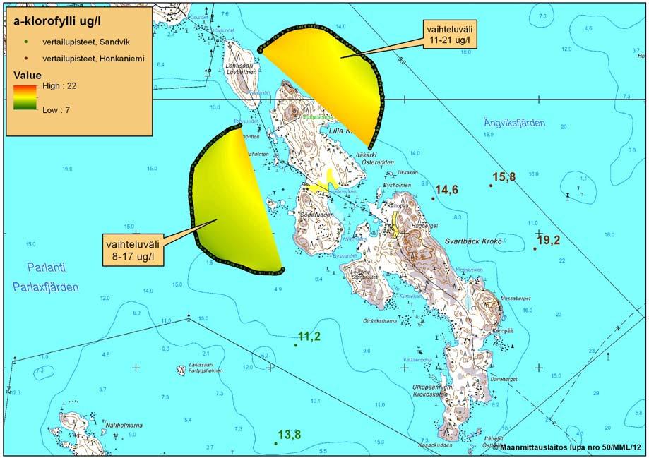 Kuva 25. Klorofyllipitoisuuden vaikutusaluekartta (µg/l) Sandvikin (oikea) ja Honkaniemen (vasen) laitosten ympärillä syyskuussa 211. 5.