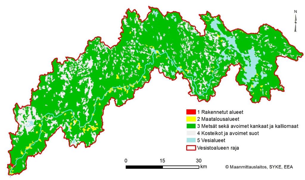 Kuva 9. Maankäytön jakaantuminen Simojoen vesistöalueella (Corine 2012, päätaso) 2.