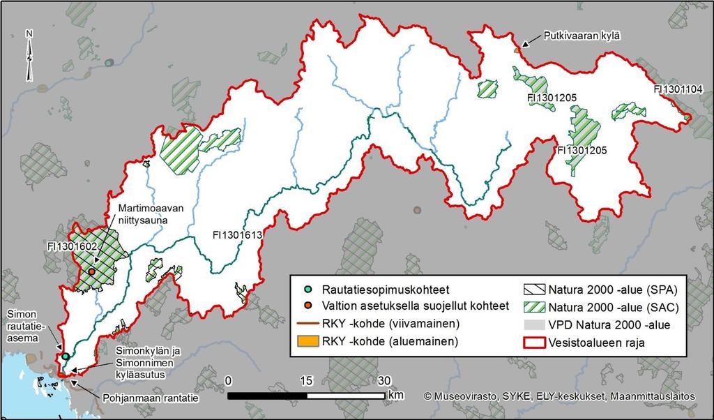 Taulukko 9. Kulttuuriympäristökohteet Simojoen vesistöalueella. Kulttuuriympäristökohteet Määrä Kohteet Valtion asetuksella suojellut kohteet 2 Simon rautatieasema (sis.