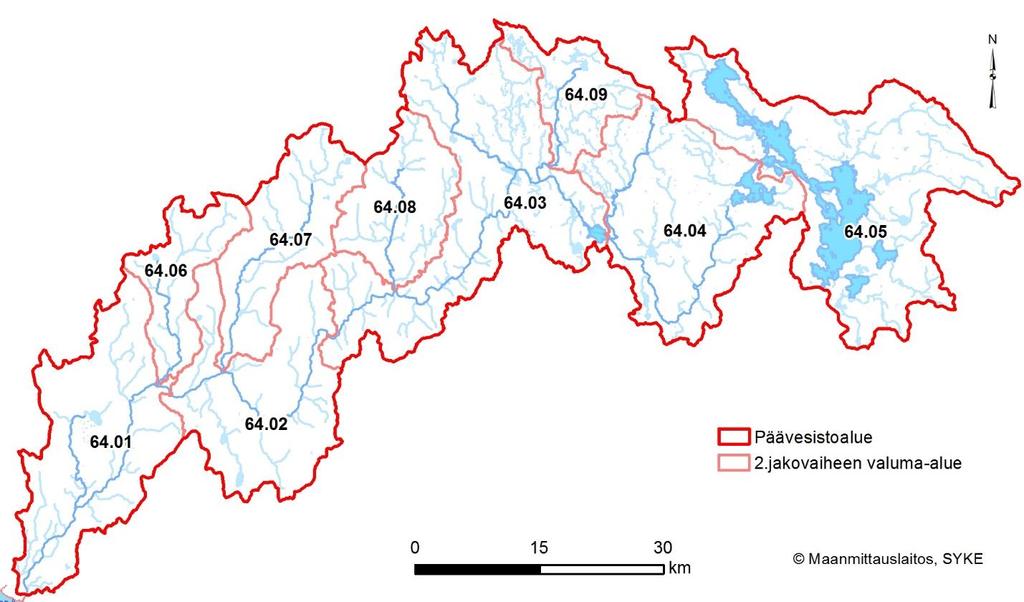 Taulukko 1. Simojoen vesistöalueen valuma-alueiden pinta-alat [F] ja järvisyys [L]. Nro Nimi Alaraja F km² L % F₁ km² L₁ % 64 Simojoen vesistöalue Perämeri 3 159,75 5,66 3 159,75 5,66 64.