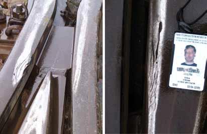 Kuva 6. Kiskoissa havaitut iskeymäjäljet. Bild 6. Nedslagsmärken som observerats på rälerna. Figure 6. Impact marks on rails. 2.