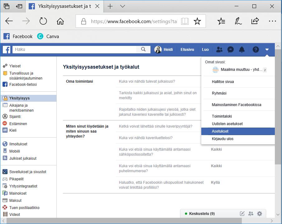 Asetukset 16 Asetukset löytyvät näpsäyttämällä kolmiokuvaketta valitsemalla luettelosta Asetukset.