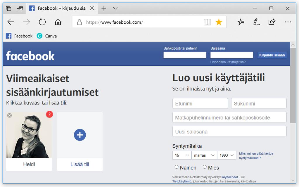 K i r j a u d u 5 Tietokoneelta Kun olet rekisteröitynyt Facebookin käyttäjäksi, eli sinulla on Facebookprofiili, kirjaudut sisään sähköpostiosoitteellasi ja salasanalla. Mene osoitteeseen: www.