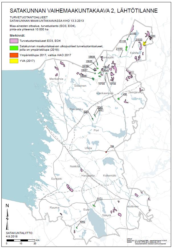 Satakunnan maakuntakaava ja turvetuotanto Satakunnan maakuntakaavassa osoitetut turvetuotantoalueet (EO3 ja EO4) ja niiden ulkopuolelle sijoittuvat turvetuotantoalueet, joilla on ollut ympäristölupa