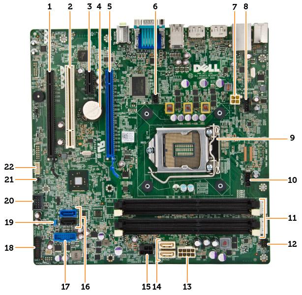 1. PCI Express x16 -korttipaikka (kytketty muodossa x4) 2. PCI-paikka 3. PCIe x1 -korttipaikka 4. nappiparisto 5. PCI Express x16 -korttipaikka 6. tunkeutumiskytkimen liitäntä 7.