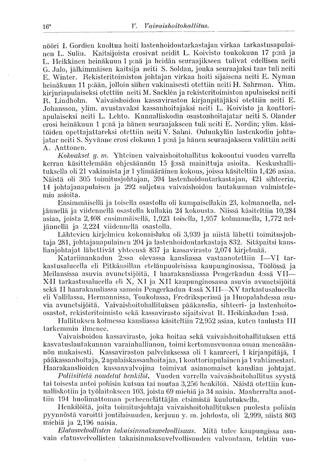 16* V. Vaivaishoito hallitus. 16* nööri I. Gordien kuoltua hoiti lastenhoidontarkastajan virkaa tarkastusapulainen L. Sulin. Kaitsijoista erosivat neidit L. Koivisto toukokuun 17 nä ja L.