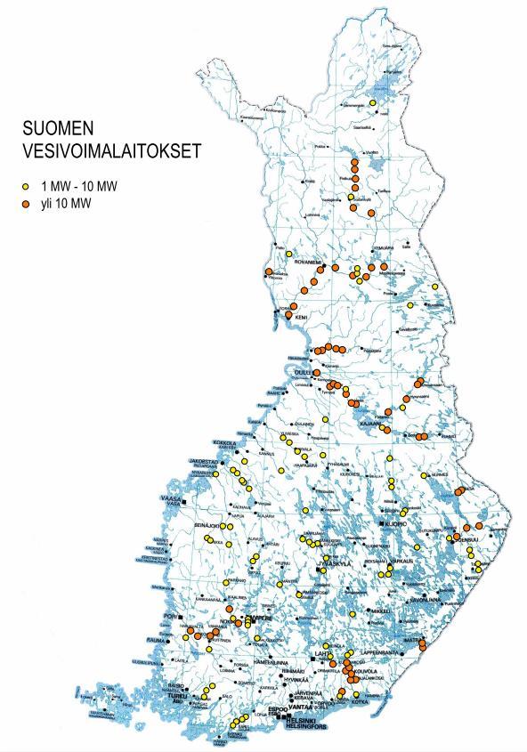 Suomen vesivoimalaitokset Teho on yhteensä 3 040 MW 6 suurinta: 96 % kapasiteetista Vesivoiman osuus, 14,6