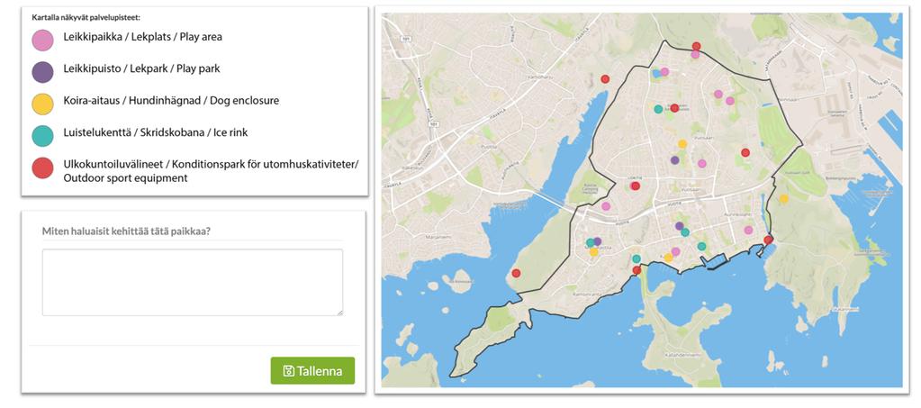 2.1.3 Palvelupisteiden kommentointi kartalla (28 kohdetta) Yleisten alueiden palveluja käsittelevällä sivulla oli kartan päällä näkyvillä 28 valmiiksi asetettua pistettä, joita klikkaamalla