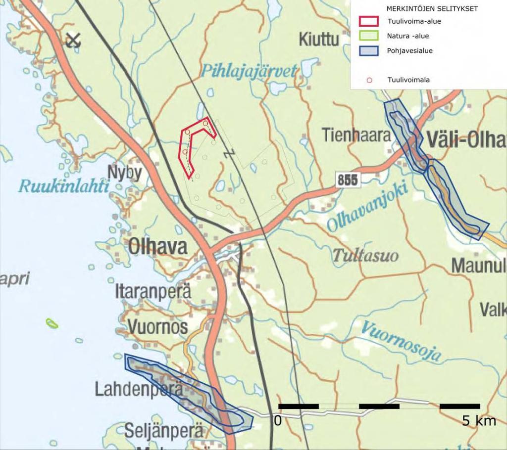 Kuva 9, Hankealueen läheisyyteen sijoittuvat luokitellut pohjavesialueet ja Naturaalueet. 5.