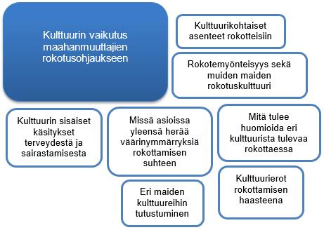 35 vaikutus rokotustilanteessa sekä kulttuurin vaikutus rokotusohjaukseen. Alla olevassa miellekartassa (kuvio 7.