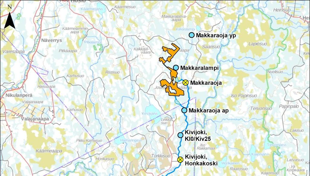 8 Kuva 5-1. Makkara-aavan hankealueen kuivatusvesien purkureitit ja vesistöhavaintopisteet. 5.2.