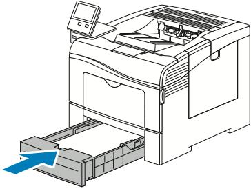 Paperit ja muu tulostusmateriaali 7. Työnnä alusta takaisin tulostimeen. Huom. Jos alusta ei mene kokonaan sisään, varmista, että alustan takaosa on lukittuna ala-asentoon.