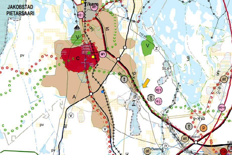 Sivu 10 /14 I landskapsplanen har det inte anvisats beteckningar för planeringsområdet (anvisat med gul pil i kartan ovan).