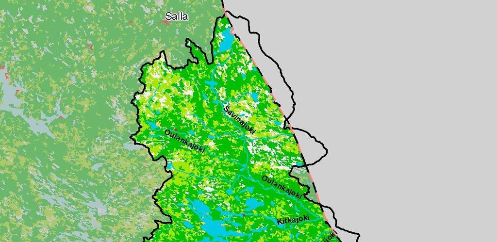 Taajamien ulkopuolinen maaseutuasutus jakautuu tasaisesti eri puolille molempia vesistöalueita.