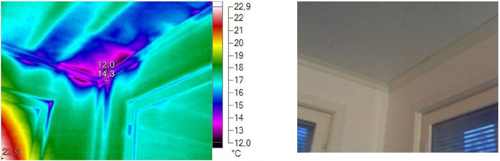 Ilmavuotokohdat Esimerkki vuotokohdasta. Kuvassa vuotokohta yläpohja-seinäliitoksessa. Lämpökuvassa musta, violetti ja sininen kuvastavat kylmää kohtaa, josta vuotoilma tulee alipainetilanteessa.