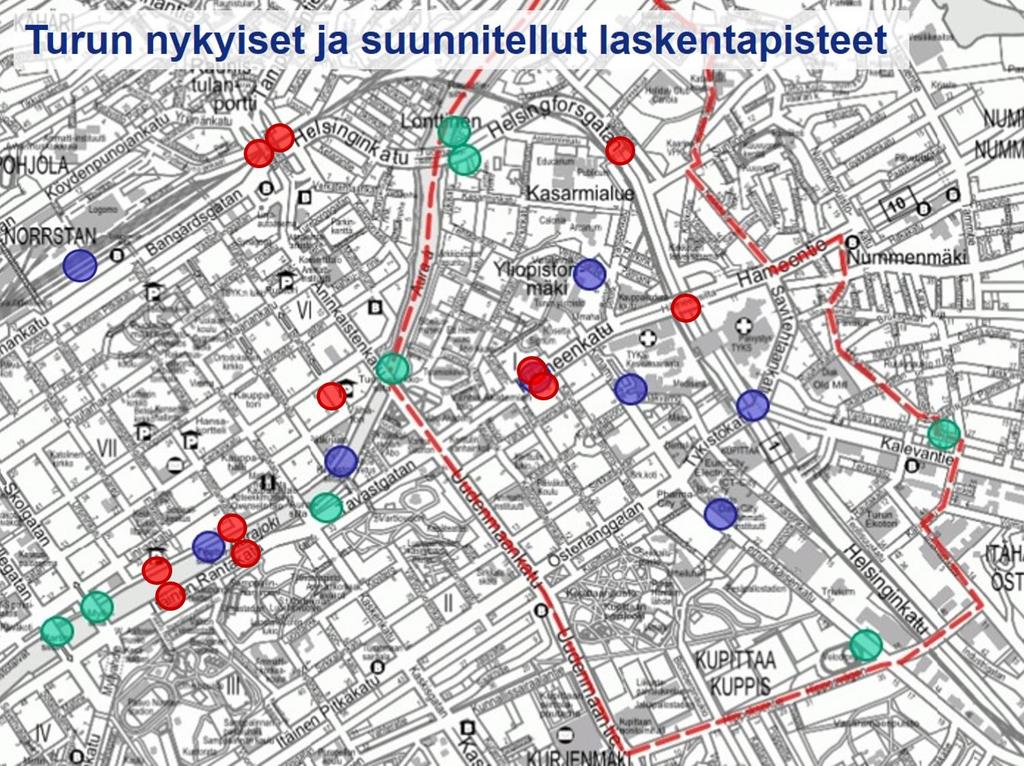 Pyöräliikenteen määrä Automaattilaskurit: Vihreät olemassa olevia. Siniset ja punaiset (Civitas-rahoitus) suunniteltuja uusia pisteitä.