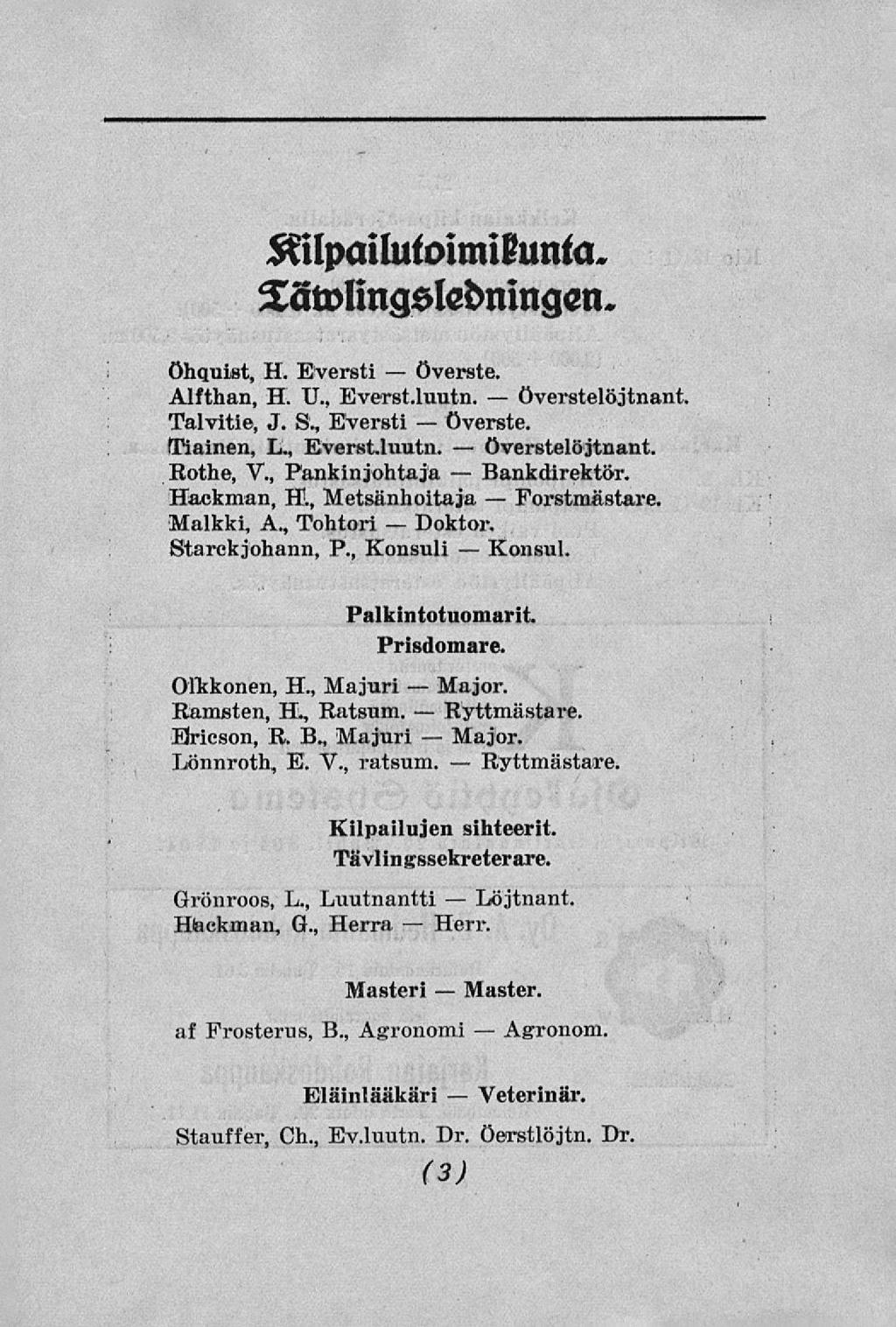 Kilpailutoimikunta. Täwlingslsdmngsn. öhquist, H. Eversti Överste. Alfthan, H. U., EverstJuutn. överstelöjtnant. Talvitie, J. S., EVersti överste. (Tiainen, L., Everst.luutn. överstelöjtnant. Rothe, V.