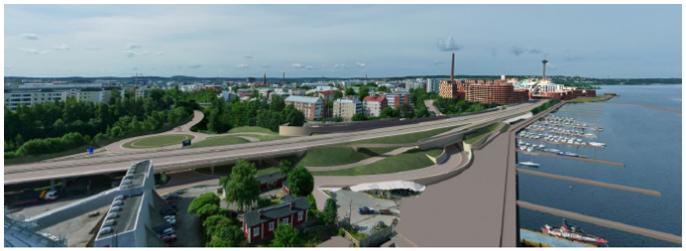 23 Kuvissa 2.13 ja 2.14 on esitetty tietomallipohjaisen havainnollistamisen avulla Tampereen rantatunnelin vaihtoehtoiset suunnitteluratkaisut. Kuva 2.13. Havainnekuva lyhyestä tunnelivaihtoehdosta [49, s.