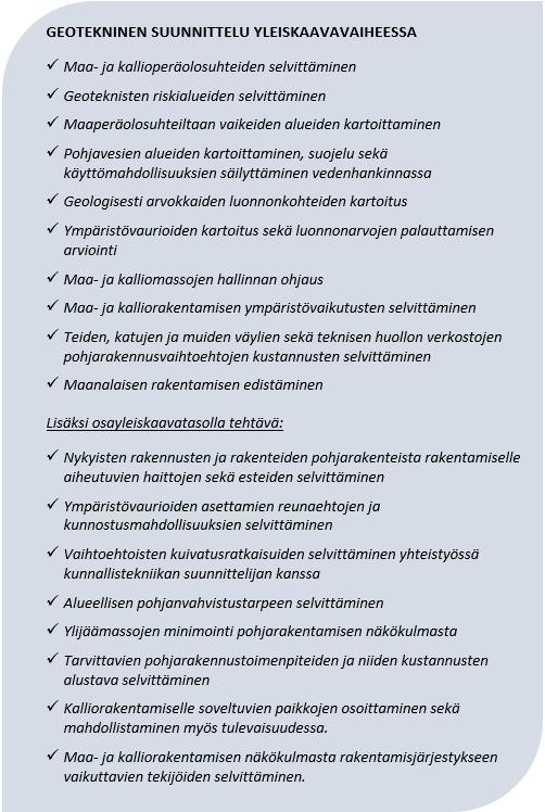 52 Kuvassa 3.11. on esitetty geoteknisen suunnittelun keskeisimmät tehtävät yleiskaavavaiheessa. Kuva 3.11. Geoteknisen suunnittelun keskeisimmät tehtävät yleiskaavatasolla, perustuu lähteeseen [43, s.