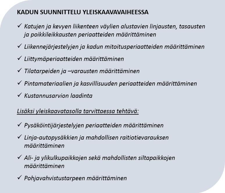 57 Kadut Kadun yleissuunnittelu vastaa maankäytön yleiskaavoitusvaihetta ja sen suunnittelutarkkuutta.