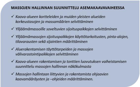 64 Ylijäämämassojen sijoittamista voidaan myös helpottaa osoittamalla kaavassa ylijäämämassoille soveltuvia sijoituspaikkoja ja väliaikaisia varastointialueita muun muassa urheilu-, puisto-,