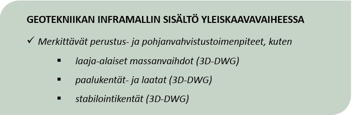 76 Kuvassa 4.8. on esitetty geotekniikan osamallin keskeisin sisältö ja luovutusaineisto yleiskaavavaiheessa. Kuva 4.6. Geotekniikan osamallin keskeisin sisältö ja luovutusaineisto yleiskaavatasolla, perustuu lähteisiin [113, s.