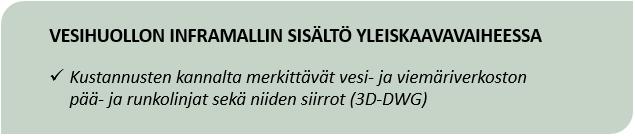 vesivarat, purkuvesistöt ja purkupaikat, vesi- ja viemärilaitosten sekä vesisäiliöiden tarvitsemat tilavaraukset sekä määritetään koko kunnan vesihuollon ratkaisuperiaatteet ja suunnitellaan