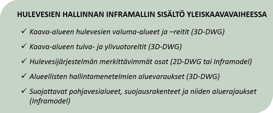 77 Hulevesien hallinta Yleiskaavavaiheen hulevesien hallinnan suunnittelun yhteydessä selvitetään kaava-alueen tulva- ja ylivuotoreitit, valuma-alueet ja reitit sekä niihin liittyvät vesistöt ja