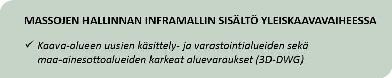 78 Inframallintamista voidaan hyödyntää yleiskaavavaiheessa ylijäämämassojen käsittely-, varastointi- ja maa-ainesottoalueiden kartoittamisessa ja vertailussa.