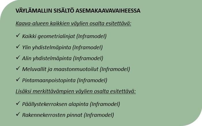 82 Inframallit Jotta asemakaava olisi kokonaisuutena taloudellinen, toimiva, tarkoitukseen soveltuva sekä sille asetettujen tavoitteiden mukainen, tulee asemakaavavaiheen inframallit toteuttaa