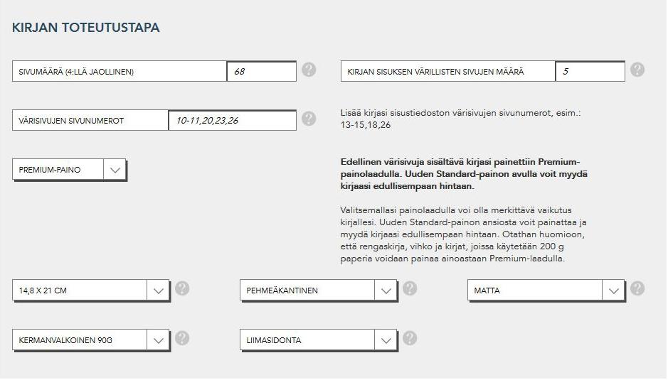 Esimerkki värisivujen lisäämisestä kirjasi tietoihin: oletetaan, että kirjasi sisuksen sivumäärä on tasan 100 ja värikuvia on neljällä sivulla.