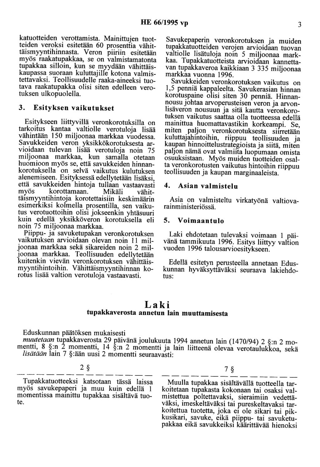 HE 66/1995 vp 3 katuotteiden verottamista. Mainittujen tuotteiden veroksi esitetään 60 prosenttia vähittäismyyntihinnasta.