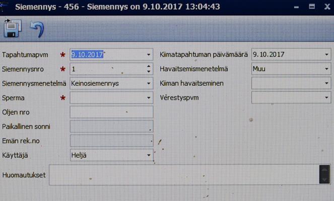 2(13) LIITE 2 Siemennyksen lisääminen lehmälle 1) Avaa lehmän kortti (käytä ylärivin hakukenttää tai kaksoisklikkaa lehmän nimeä lypsyjononäkymässä) 2)