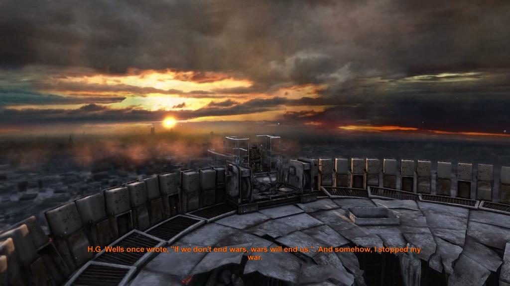 Kuva 7: Vaihtoehtoinen auringonnousu (4A Games) Loppuanimaation aikana kuullaan vanhan Artjomin lyhyt loppupuhe, jonka sisältö riippuu siitä, kumpaan loppuun on päädytty.