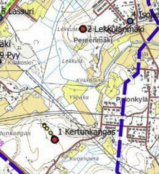 Muinaisjäännökset punaisena ympyränä: 1. Kertunkangas, alakohteet keltaisina ympyröinä 2. Lekkulanmäki 1.