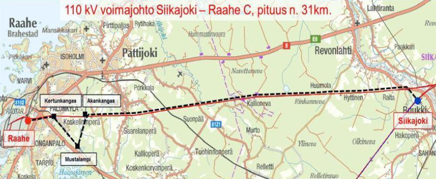 olevan johtokäytävän yhteyteen aiempien kahden 110 kv voimalinjan viereen. käyttäen pääosin samaa johtokatua sitä leventäen.