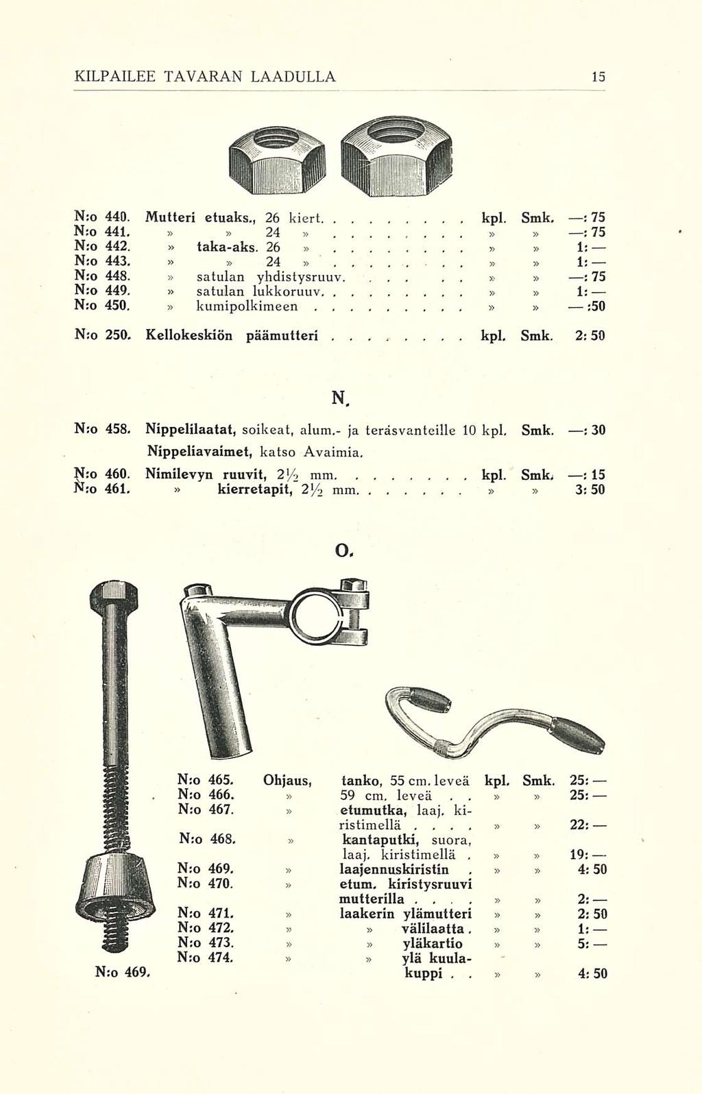 , KILPAILEE TAVARAN LAADULLA N:o 440. Mutteri etuaks., 26 kiert kpl. Smk, : 75 N:o 441. 24 : 75 N:o 442. taka-aks. 26 1: N;o 443. 24 1: N:o 448. satulan... yhdistysruuv. : 75 ~ N:o 449.