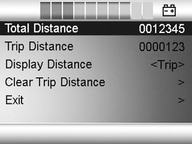 R-Net-käyttöpaneeli, jossa LCD-värinäyttö Matkamittari (Distance) Matkamittari (Distance) Pääset asettamaan matkamittarin asetukset liikuttamalla ohjaussauvaa oikealle.