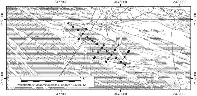 Vaalassa tutkitut suot ja niiden turvevarat. Osa 2. 12. Kotisuo (Rokua) Kotisuo (kl. 3414 06, x=7159,4, y=3477,6) sijaitsee Rokuan kupeessa noin 15 km kunnan keskustasta länteen.