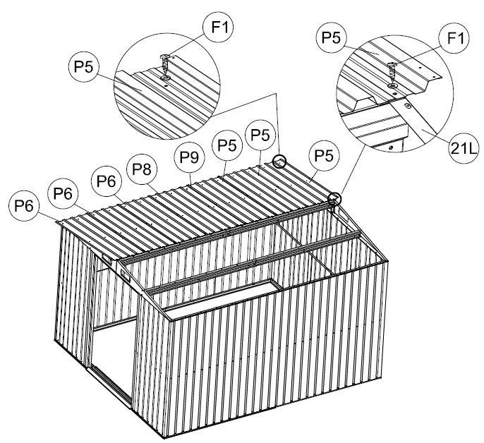 KATON KOKOONPANO Aseta kattopaneelit (P5), (P6), (P8) ja (P9) päätypaneelien ja