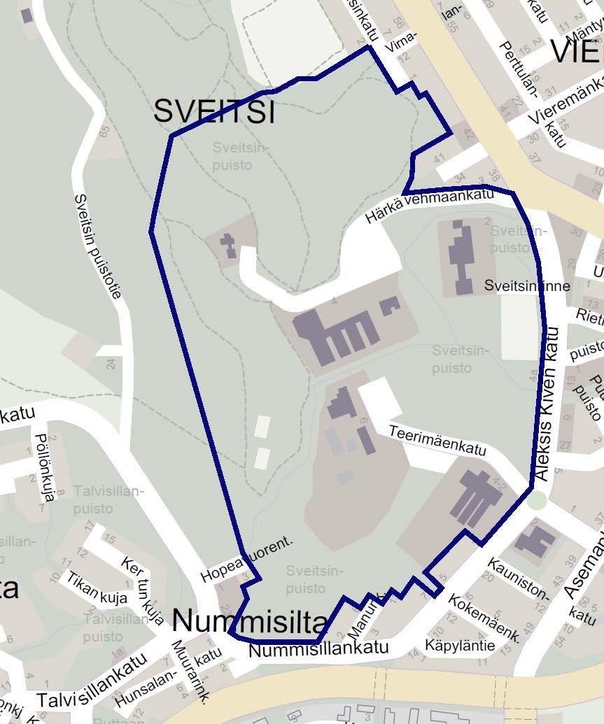 Kuva 1: Osayleiskaava-alueen rajaus Sveitsinpuisto on Hyvinkään omaleimaisimpia alueita sekä luonnonympäristönsä että kulttuurihistoriansa vuoksi.